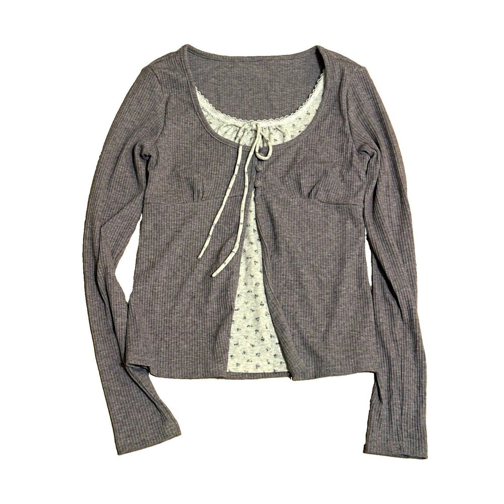 Women's Gray White Knit Cardigan Long Sleeve Scoop Neck Solid Tie Front